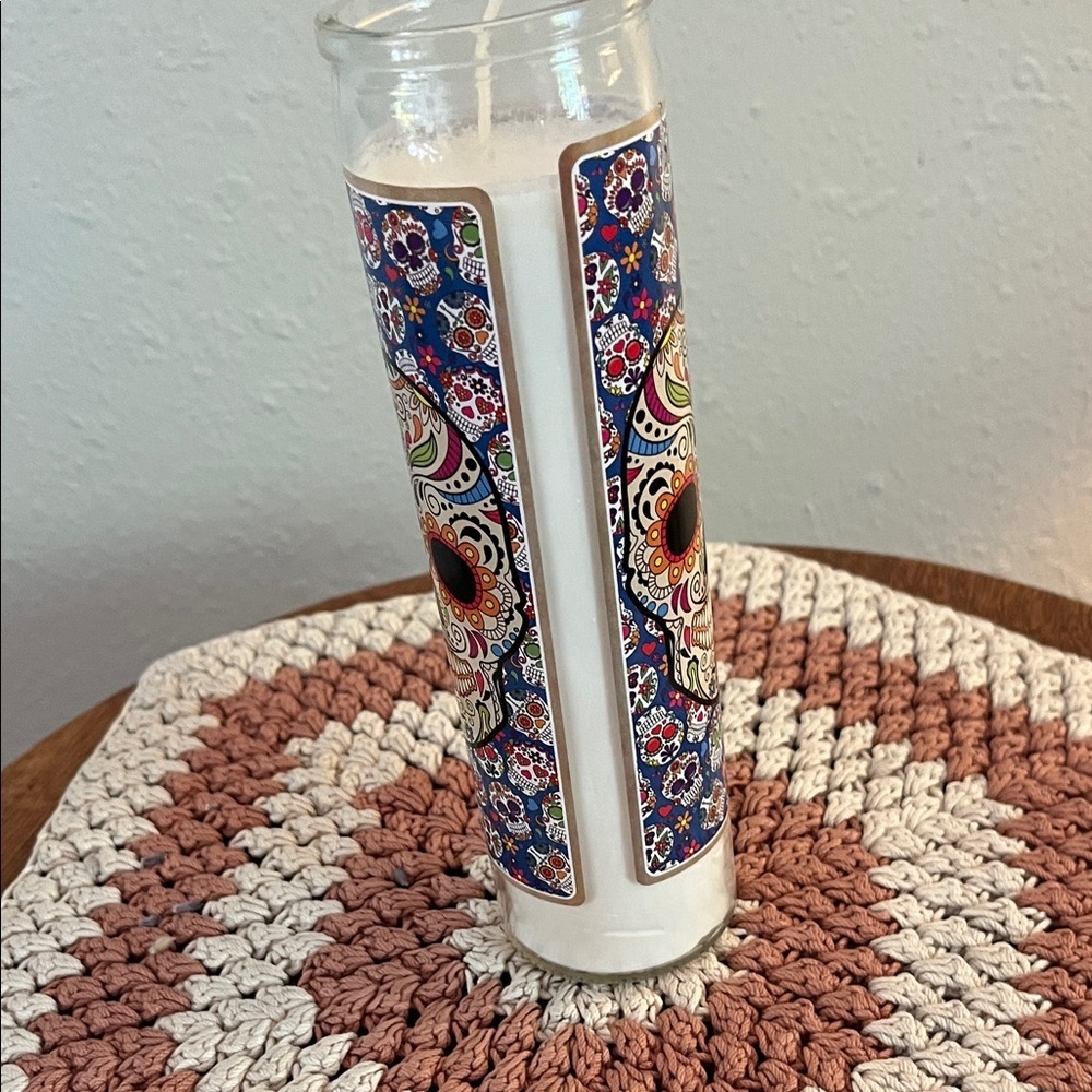 Vibrant Sugar Skull Candle with Blue Floral Design - Picture 6 of 7